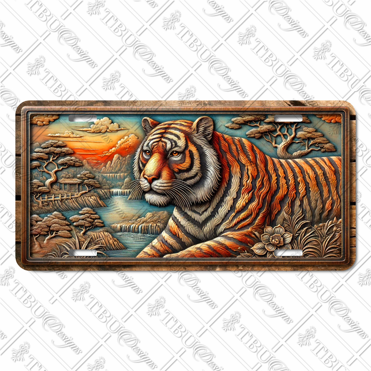 Tiger license plate featuring a majestic tiger against a sunset waterfall landscape in embossed-look rustic artwork on aluminum.