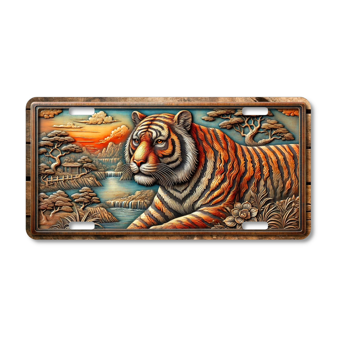 Tiger license plate featuring a majestic tiger against a sunset waterfall landscape in embossed-look rustic artwork on aluminum.
