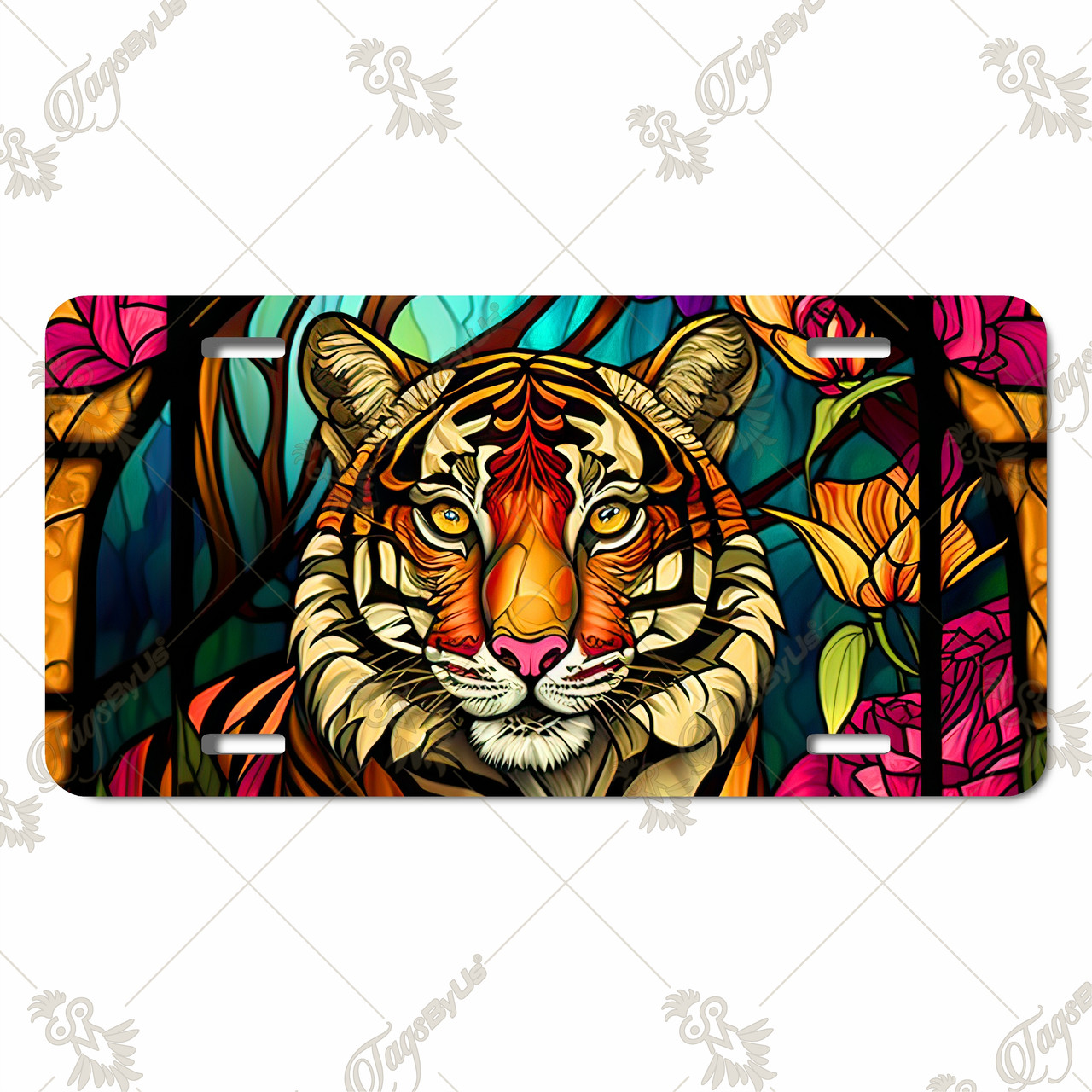Tiger license plate featuring a colorful stained-glass-style tiger head with floral background on aluminum.