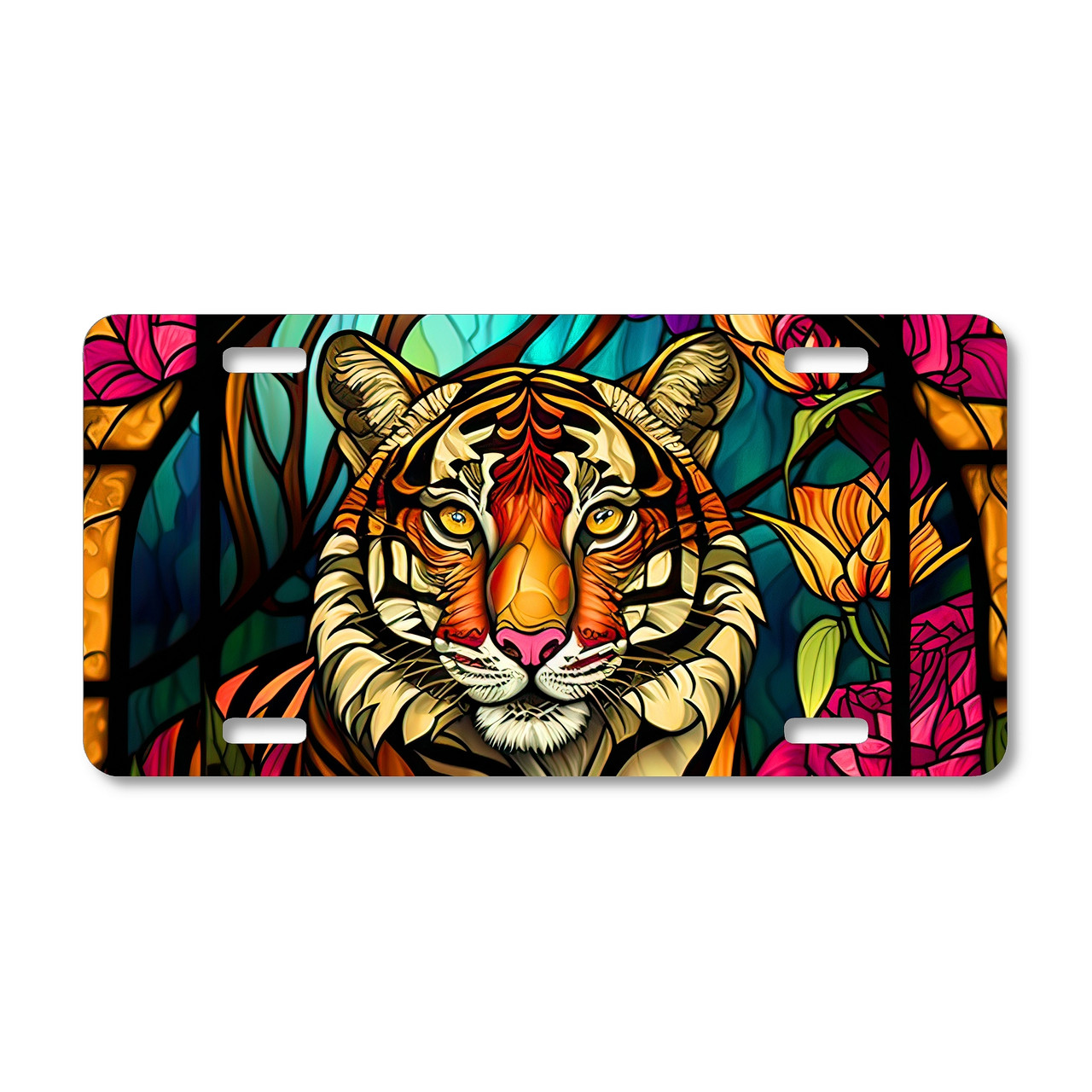 Tiger license plate featuring a colorful stained-glass-style tiger head with floral background on aluminum.