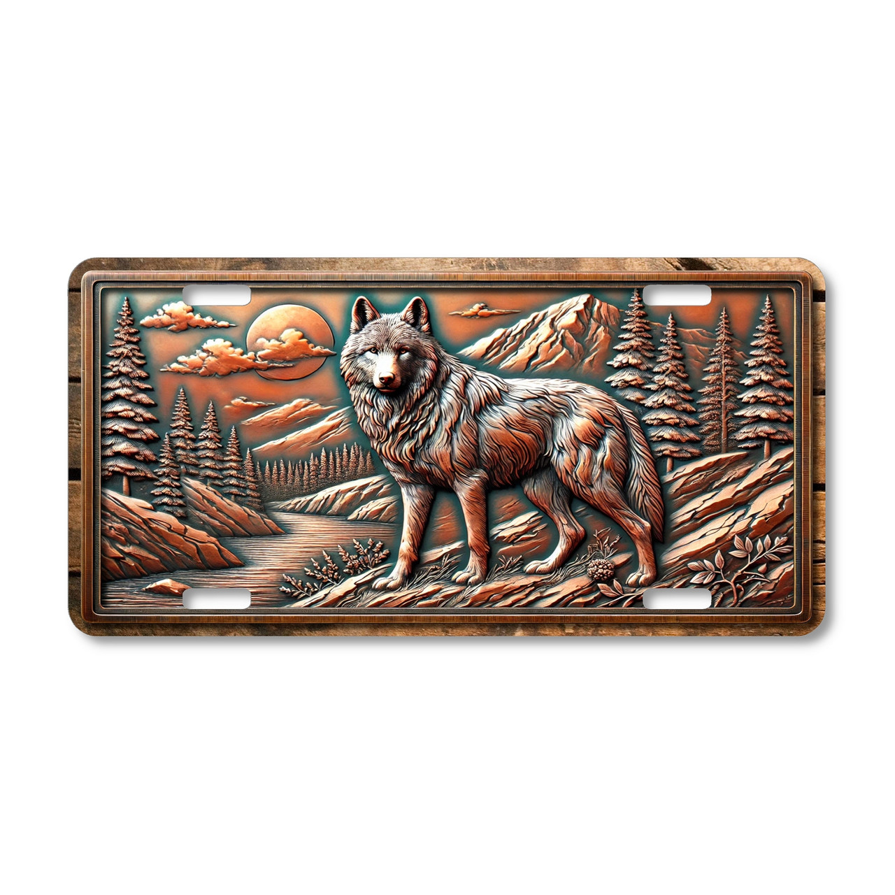 Wolf license plate featuring a detailed copper-toned mountain scene with embossed-look artwork on aluminum.
