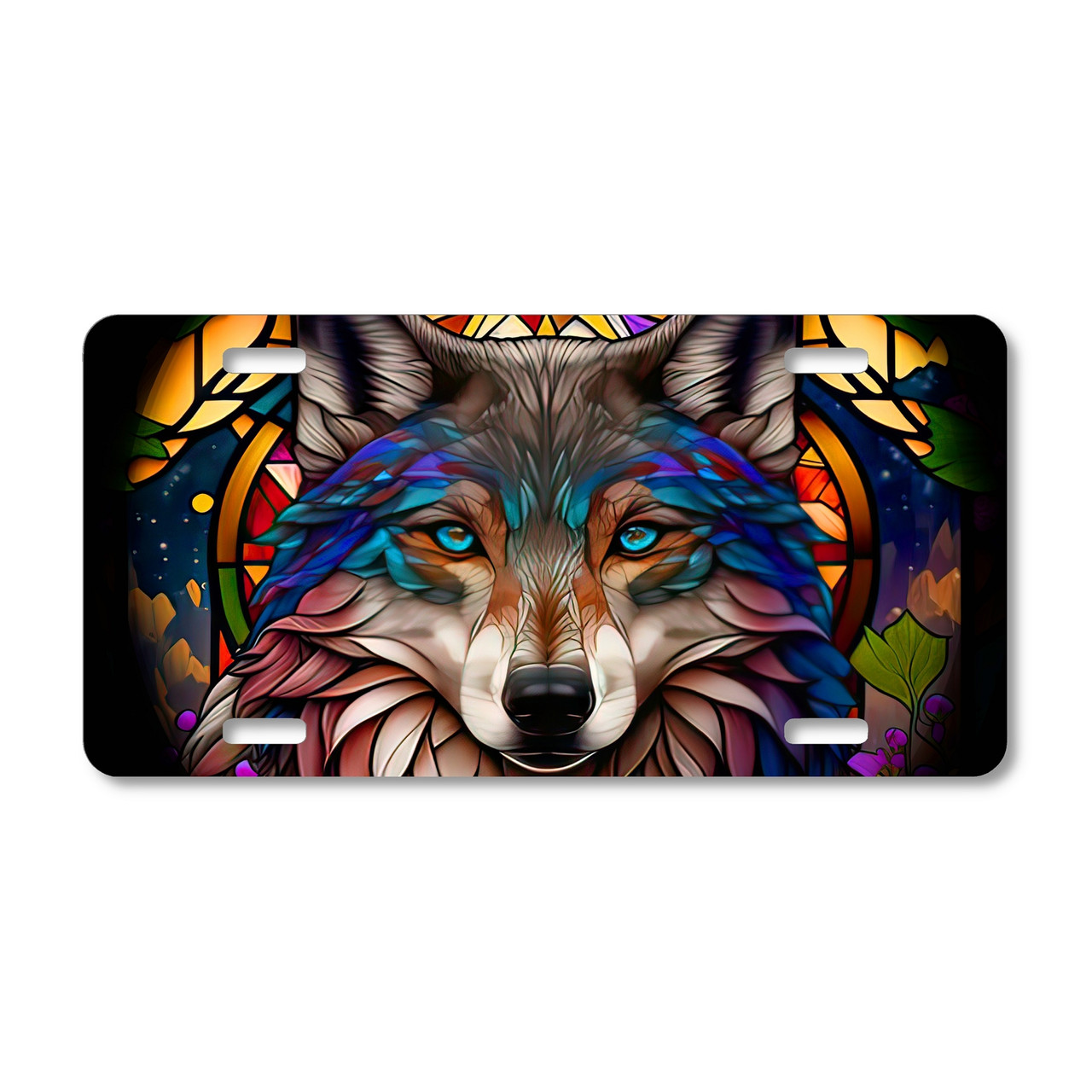 Wolf license plate featuring a vibrant stained-glass style wolf portrait in bold colors on aluminum.