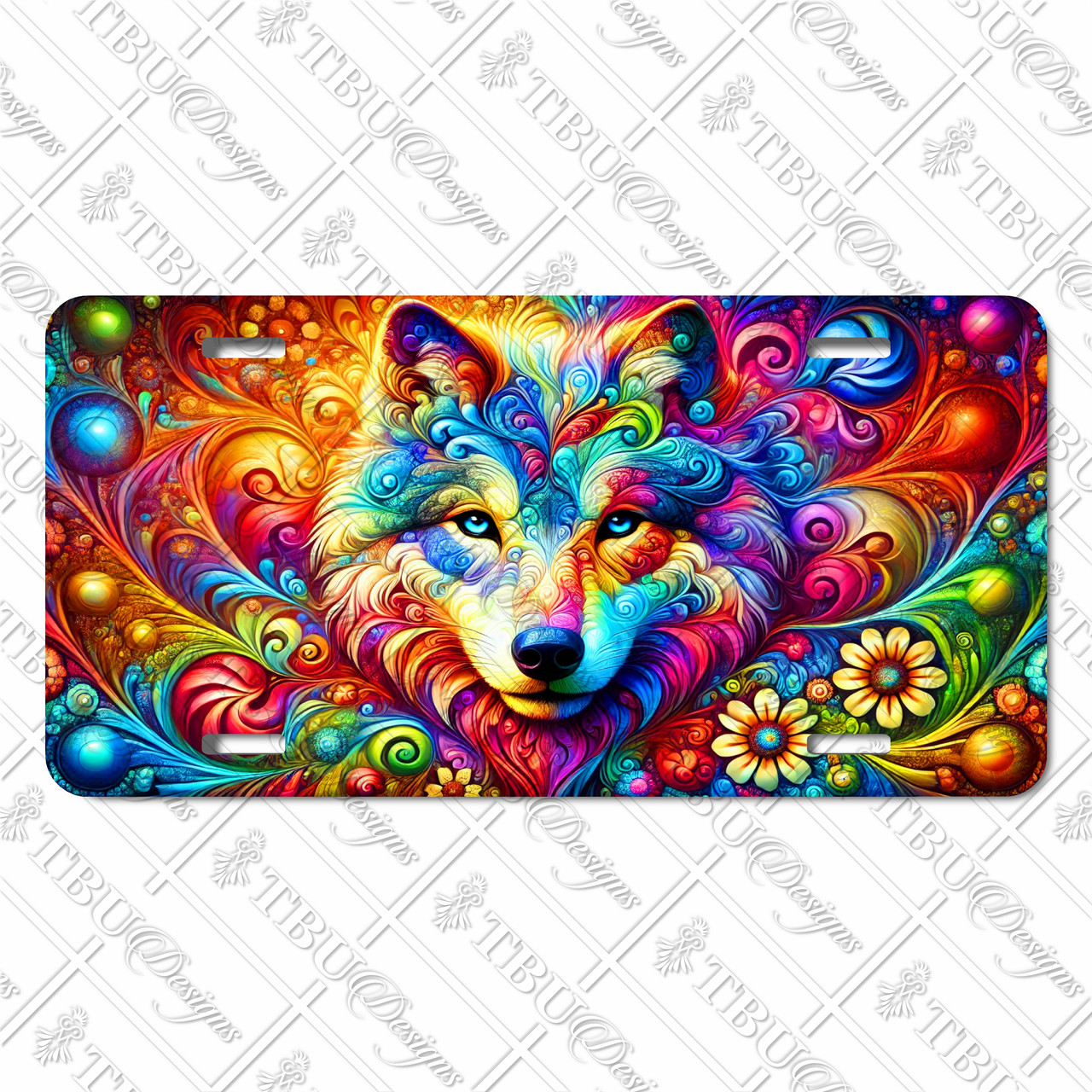 Wolf license plate featuring a psychedelic rainbow swirl design with floral accents on aluminum.