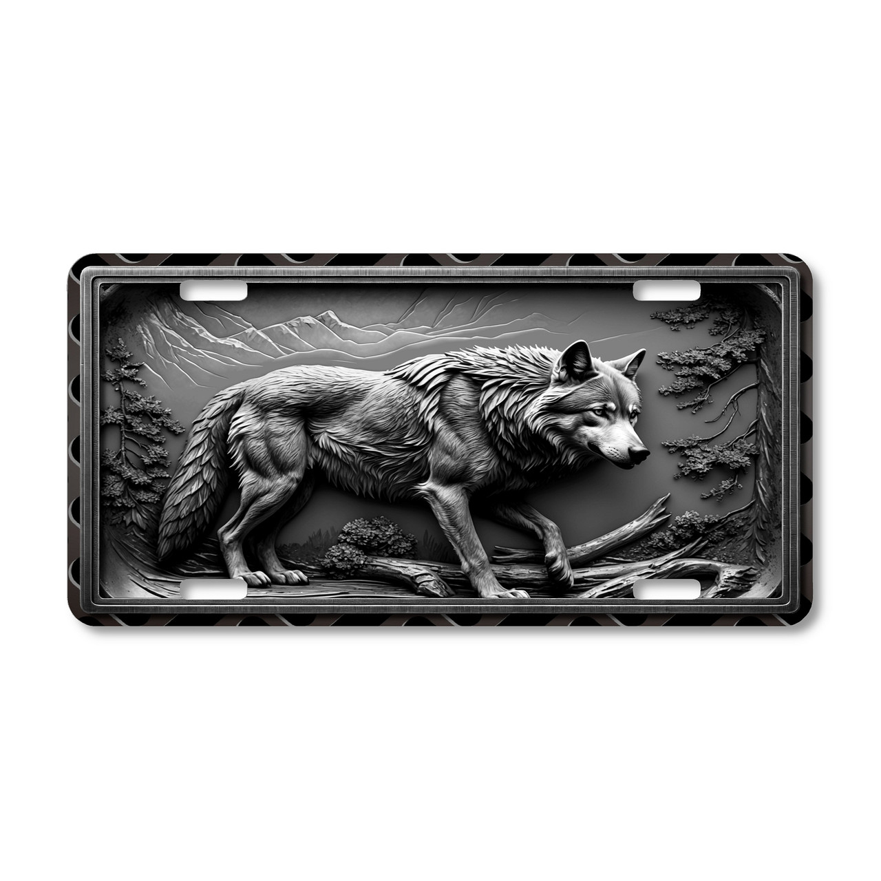 Wolf license plate featuring a monochrome black-and-gray mountain wilderness design with embossed-look artwork on aluminum.