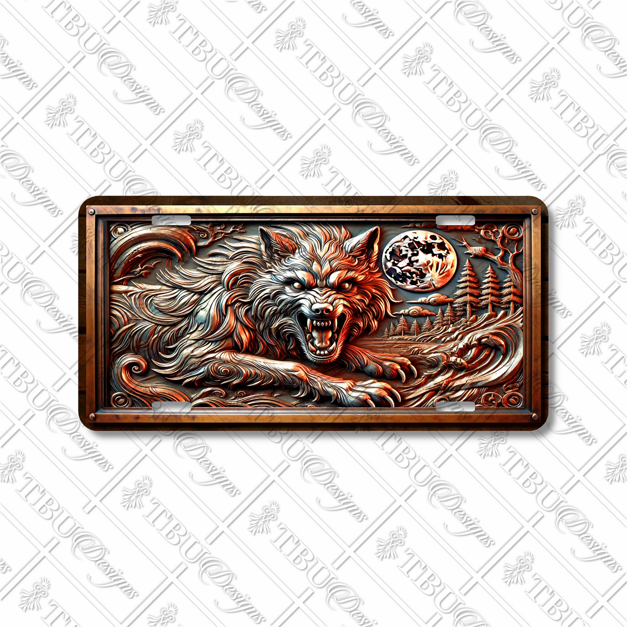Wolf license plate featuring a snarling wolf under a full moon with copper and steel embossed-look textures on aluminum.