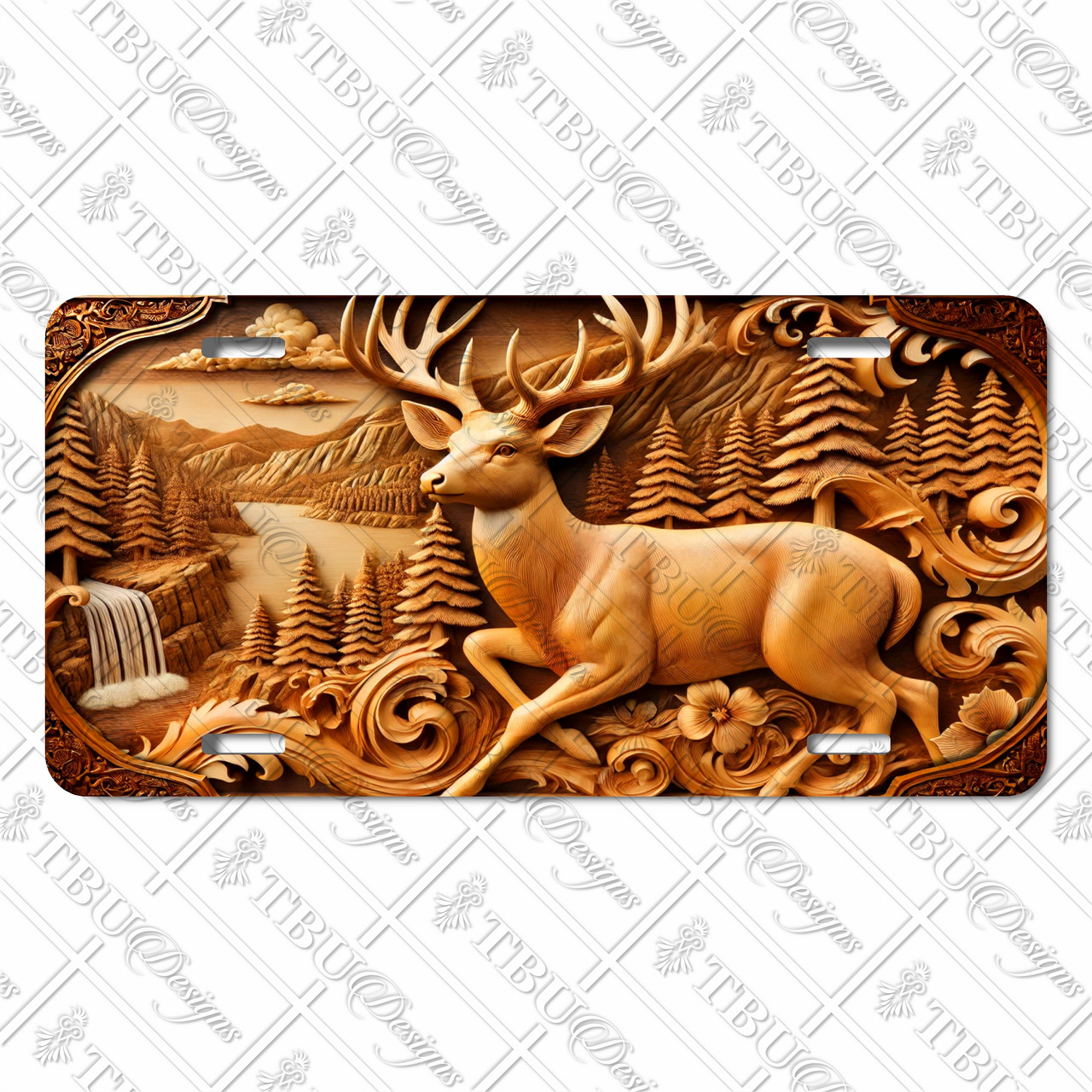 Deer license plate with carved woodgrain-style design featuring a buck, forest trees, and mountain waterfall on aluminum.
