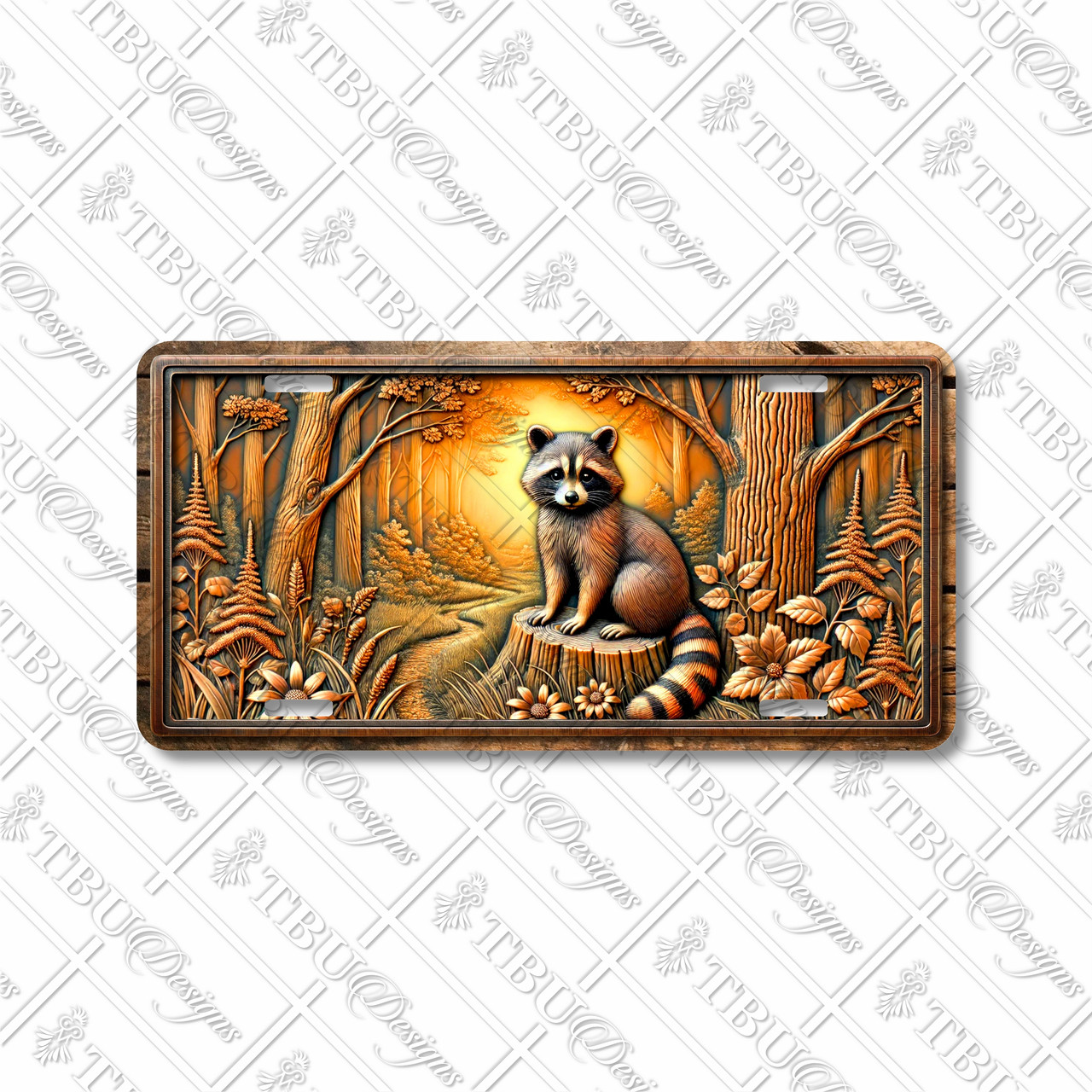 Raccoon license plate featuring rustic embossed-look artwork with a raccoon sitting on a tree stump, surrounded by woodland foliage and glowing background.
