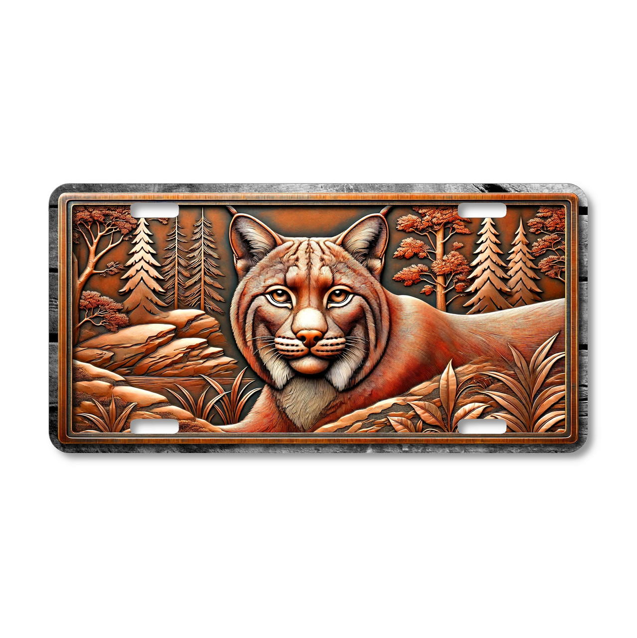 Bobcat license plate featuring rustic embossed-look artwork of a fearless bobcat resting in a woodland scene with trees, rocks, and foliage in bronze tones.