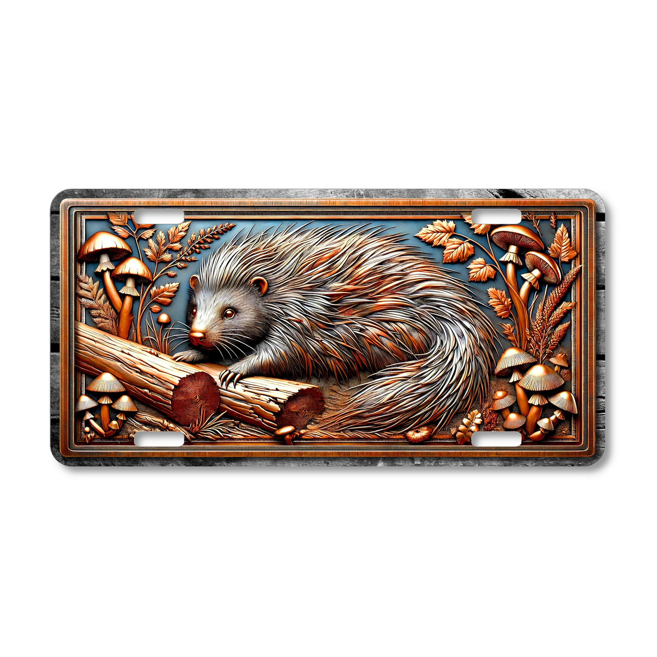 Porcupine license plate featuring rustic embossed-look artwork of a porcupine resting on logs, surrounded by mushrooms and woodland foliage in bronze and silver tones.