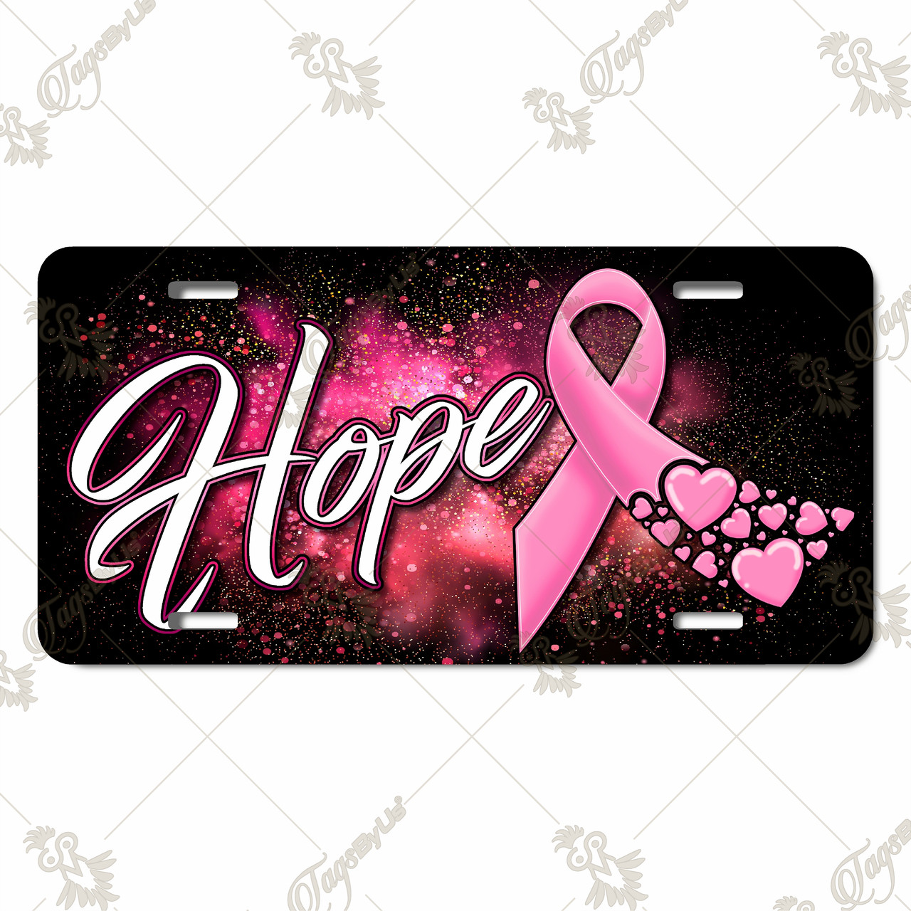 Hope Pink Ribbon license plate featuring awareness ribbon with cascading hearts and bold pink script on black-pink background.
