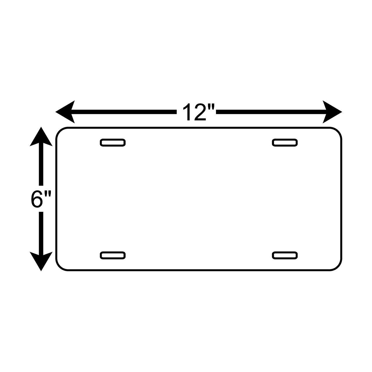Outline diagram of a standard license plate measuring 12 inches wide by 6 inches tall, with rounded corners and four pre-cut mounting slots