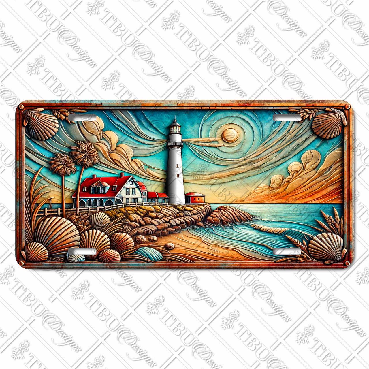 Majestic Lighthouse license plate featuring seaside beacon, rocky shoreline, seashell frame, and vibrant sunset sky in rustic artwork.
