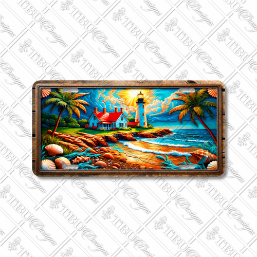 Sunlit Lighthouse license plate featuring palm trees, seashells, red-roofed cottage, and radiant seaside sunrise in rustic artwork. Sunlit Lighthouse license plate featuring palm trees, seashells, red-roofed cottage, and radiant seaside sunrise in rustic artwork.