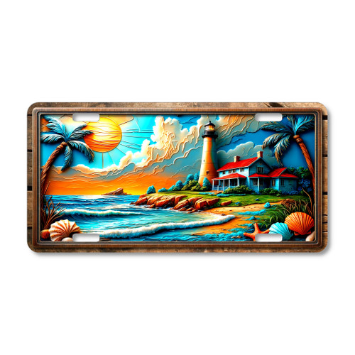 Sunset Lighthouse license plate featuring palm trees, seashells, rustic cottage, and glowing seaside sunset in vivid coastal artwork.