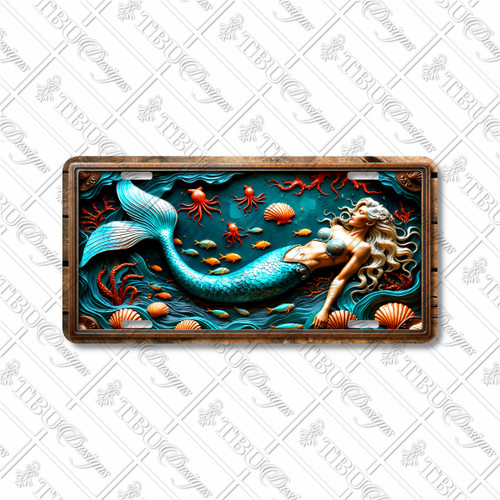 Graceful Mermaid license plate featuring blonde mermaid with turquoise scales, seashells, coral, octopus, and fish in embossed-look fantasy ocean design.
