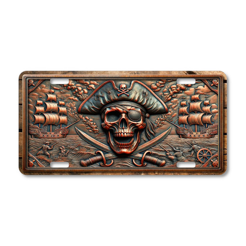 Pirate Skull license plate featuring skull with crossed swords and stormy ship battle scene in rustic copper and bronze embossed-look artwork on aluminum.
