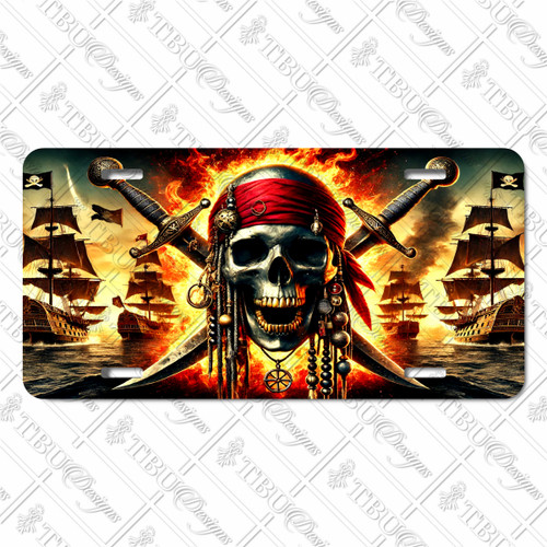 Pirate Skull license plate featuring blazing skull with red bandana, crossed swords, and burning ship battle in rustic copper and fiery tones on aluminum. Pirate Skull license plate featuring blazing skull with red bandana, crossed swords, and burning ship battle in rustic copper and fiery tones on aluminum.