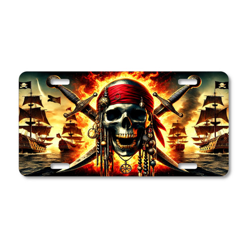 Pirate Skull license plate featuring blazing skull with red bandana, crossed swords, and burning ship battle in rustic copper and fiery tones on aluminum.