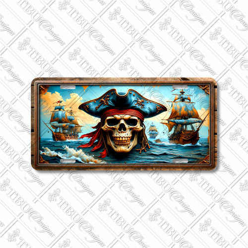 Pirate Skull license plate featuring skull with blue tricorn hat, red bandana, and sailing ships in stormy ocean scene with rustic copper and blue embossed-look artwork on aluminum Pirate Skull license plate featuring skull with blue tricorn hat, red bandana, and sailing ships in stormy ocean scene with rustic copper and blue embossed-look artwork on aluminum