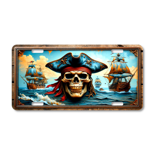 Pirate Skull license plate featuring skull with blue tricorn hat, red bandana, and sailing ships in stormy ocean scene with rustic copper and blue embossed-look artwork on aluminum
