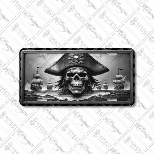 Pirate Skull license plate featuring black and silver monochrome skull with tricorn hat, ghostly sailing ships, and stormy seas in rustic embossed-look design on aluminum. Pirate Skull license plate featuring black and silver monochrome skull with tricorn hat, ghostly sailing ships, and stormy seas in rustic embossed-look design on aluminum.