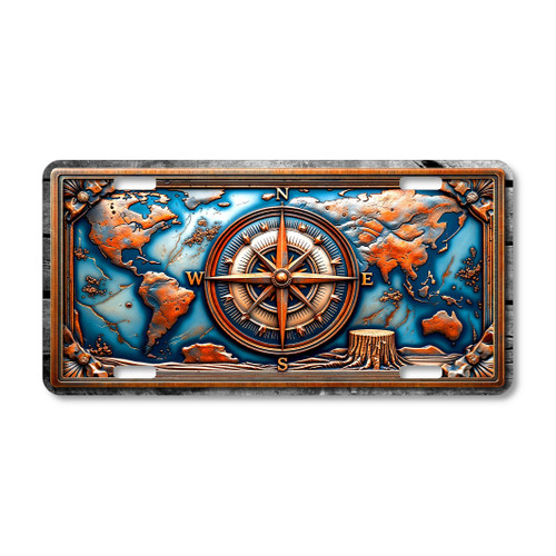 Compass Rose & World Map license plate featuring central compass with copper tones and detailed world map over vivid blue ocean background in rustic embossed-look design on aluminum.