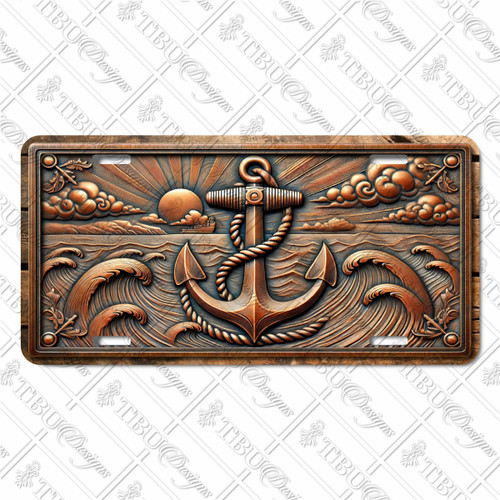 Anchor license plate featuring rustic copper rope-wrapped anchor with crashing waves and radiant sunset sky in embossed-look design on aluminum.