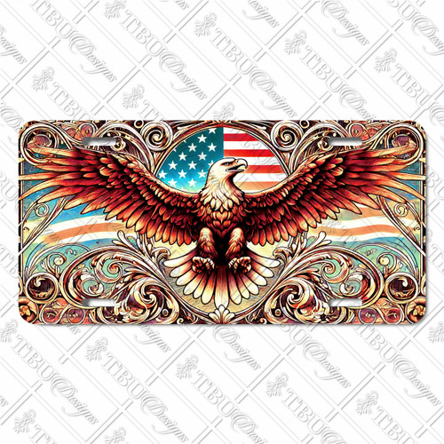Bald eagle license plate featuring an eagle spreading wings over the U.S. flag with ornate rustic scrollwork in embossed-look style. Bald eagle license plate featuring an eagle spreading wings over the U.S. flag with ornate rustic scrollwork in embossed-look style.