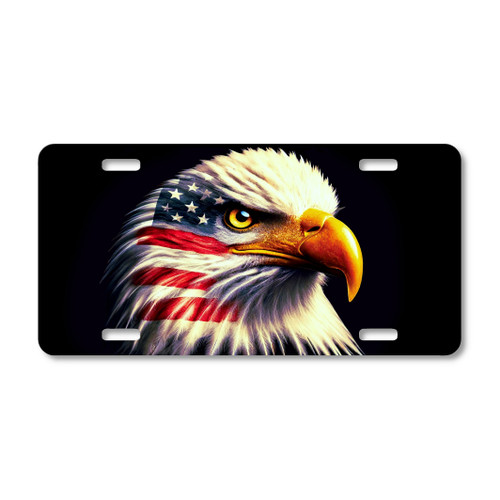 Bald eagle license plate featuring an eagle portrait with American flag pattern across feathers on a dark background in embossed-look artwork