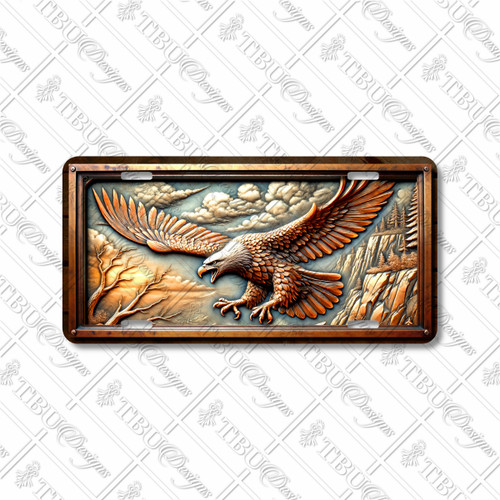 Embossed metal eagle license plate featuring an eagle soaring across mountains in copper and steel relief-style artwork. Embossed metal eagle license plate featuring an eagle soaring across mountains in copper and steel relief-style artwork.