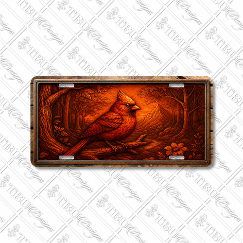Cardinal license plate featuring embossed metal relief look artwork with a red cardinal in a rustic woodland scene.