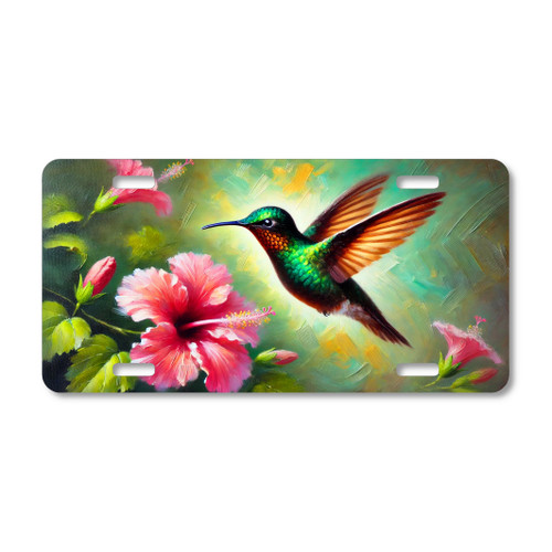 Hummingbird license plate featuring oil-painting style artwork with a green hummingbird and pink hibiscus flowers.