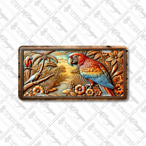 Parrot license plate featuring embossed metal relief look artwork with vibrant parrot, palm trees, and tropical jungle flowers.