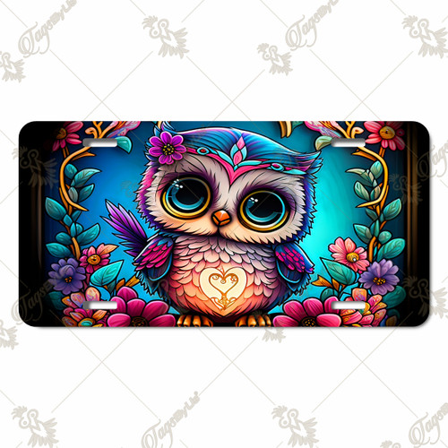 Colorful owl license plate with whimsical floral design, glowing tones, and cute big-eyed owl artwork on aluminum.