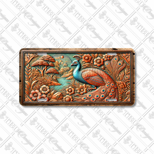 Rustic copper peacock license plate featuring floral accents, turquoise highlights, and nature-inspired artwork on aluminum.
