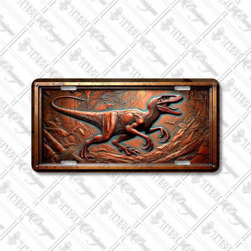 Velociraptor dinosaur license plate featuring rustic copper jungle scene and embossed-look artwork on aluminum.