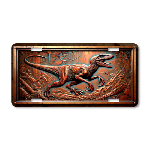 Velociraptor dinosaur license plate featuring rustic copper jungle scene and embossed-look artwork on aluminum.