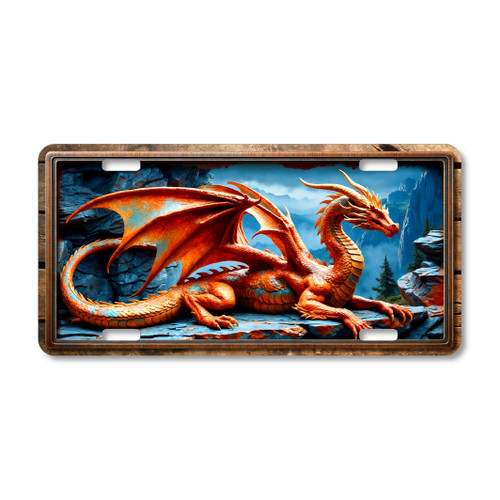 Fire Dragon license plate featuring a regal orange and bronze dragon with turquoise accents, resting on rocky cliffs with a mountain backdrop.