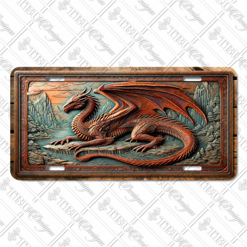 Bronze Dragon license plate featuring an intricately detailed dragon in coiled pose with embossed-look copper and teal-toned design.