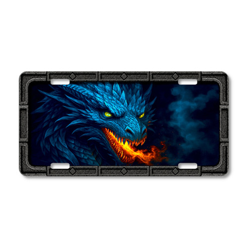 Blue Fire Dragon license plate featuring a snarling dragon head with glowing green eyes, sapphire scales, and fiery orange breath in rustic fantasy artwork.