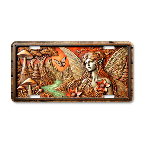 Woodland Fairy license plate featuring a winged elf maiden among mushrooms, flowers, and forest sunset in rustic fantasy embossed-look design.