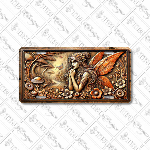 Autumn Fairy license plate featuring a winged elf maiden with copper-toned wings, woodland flowers, and mushrooms in rustic fantasy embossed-look design.