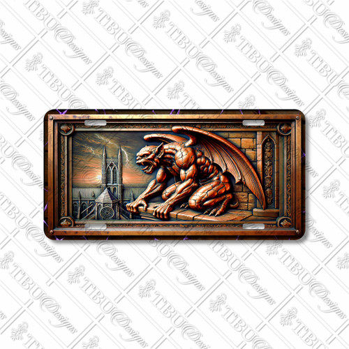 Gothic Gargoyle license plate featuring a muscular copper-toned gargoyle crouched on cathedral stone against a fiery sunset sky in embossed-look artwork