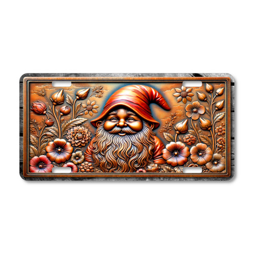Floral Gnome license plate featuring cheerful copper-toned gnome surrounded by detailed blooming flowers in rustic embossed-look artwork.