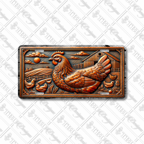Chicken license plate featuring rustic embossed metal style hen with farm background in warm bronze tones on aluminum.