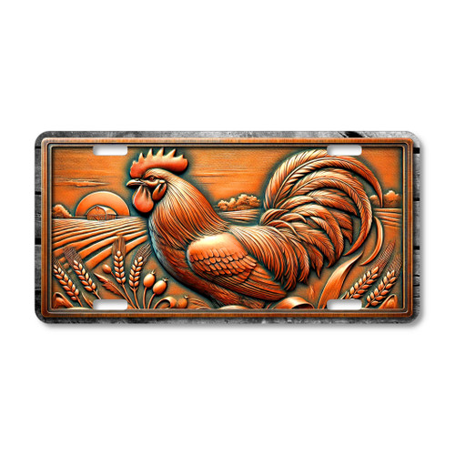 Rooster license plate featuring carved-wood style rooster with sunrise and wheat field in rustic bronze tones on aluminum.