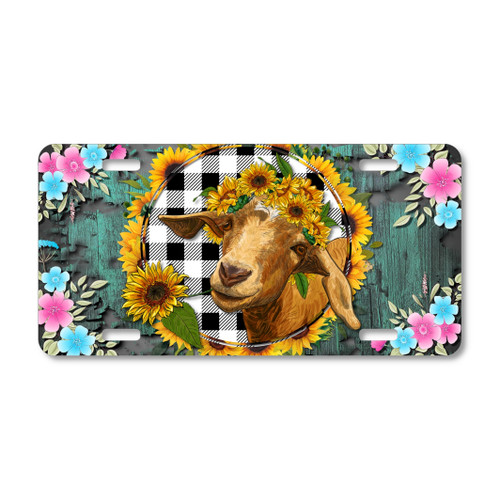 Goat license plate featuring rustic farmhouse design with sunflower wreath, buffalo plaid, and colorful florals on aluminum.