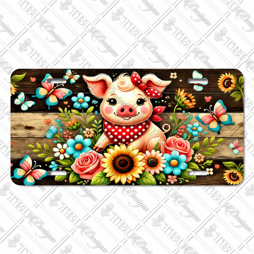 Pig license plate featuring whimsical farmhouse design with flowers, butterflies, and rustic wood background on aluminum.