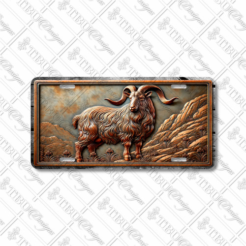 Bighorn sheep license plate featuring rustic carved-wood style ram with curved horns and mountain landscape in bronze tones on aluminum.