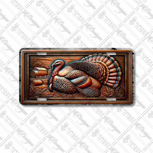 Regal Turkey license plate featuring a detailed bronze and copper turkey with a rustic barnyard harvest background, printed in embossed-look style on aluminum. Regal Turkey license plate featuring a detailed bronze and copper turkey with a rustic barnyard harvest background, printed in embossed-look style on aluminum.